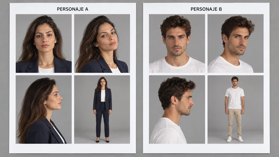 Dos hojas de casting de los protagonistas de Evasión, cada una con retrato frontal, tres cuartos, perfil y cuerpo entero
