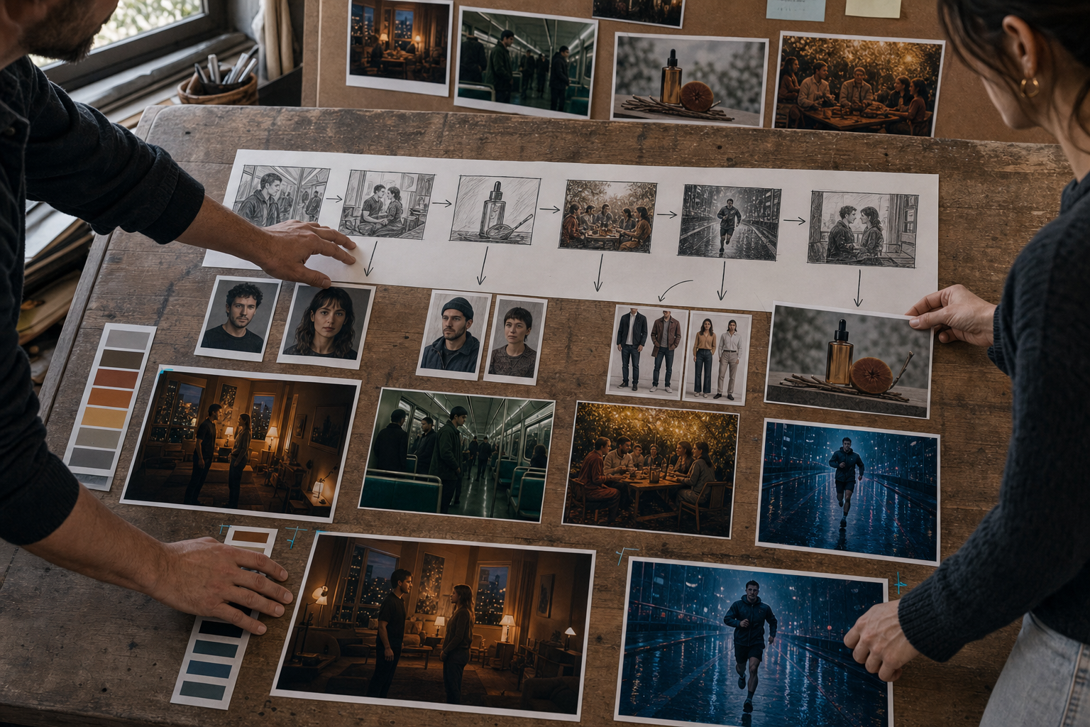 Mesa de preproducción con storyboard, casting, localizaciones, producto, paletas y styleframes de una campaña completa
